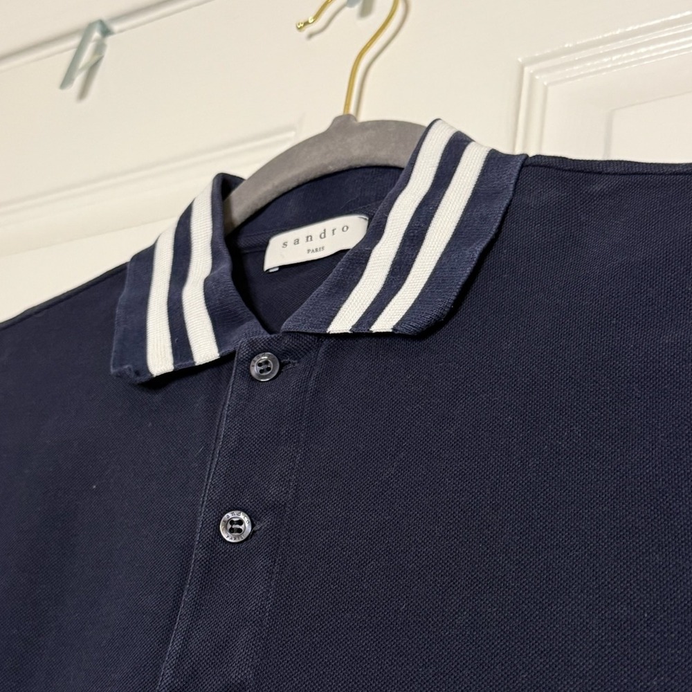 Sandro Paris Navy Blue White Striped Collar Short Sleeve Slim Polo Shirt Mens S - Picture 4 of 9